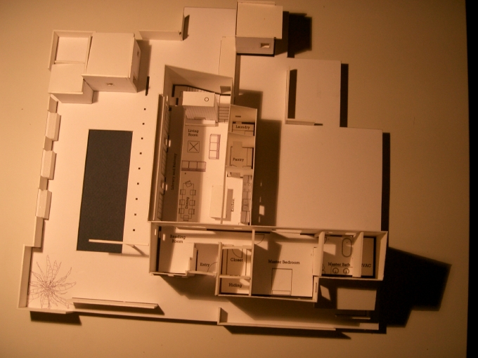 The sixteenth inch scale model from above, with the roof removed. The dark recta