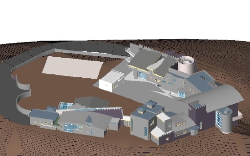 A computer-generated aerial rendering, looking down on the site from the south e