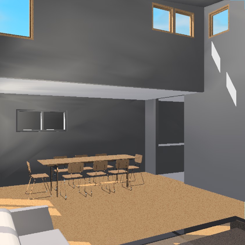 Looking toward the Dining Room, which is under a lower portion of the roof. The 