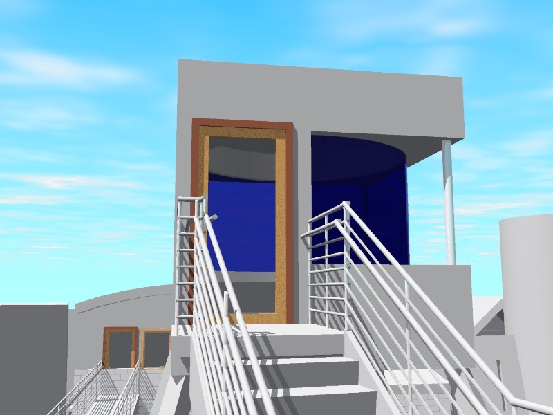 A computer rendering of the entrance to the writing space, walking up the stair 