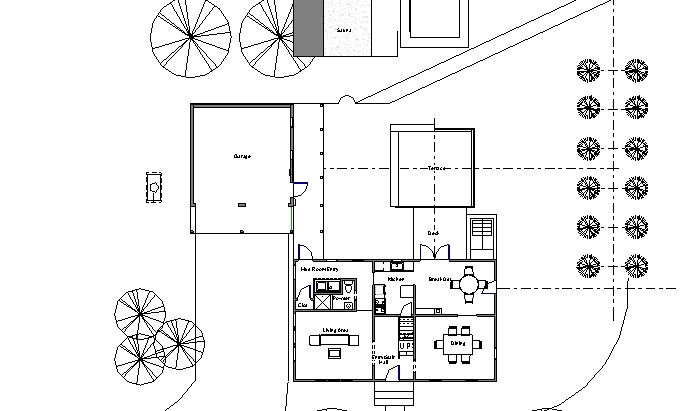 First Floor plan of renovated farm house with rearranged first floor, garage and