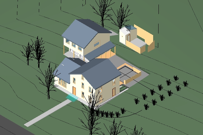 A rendered view of the house with all outbuildings, decks and terraces.