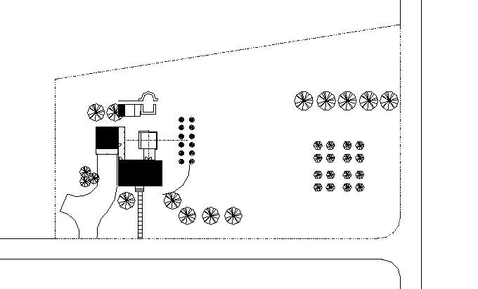 Site plan with buildings as solids.  The random placed trees are original.