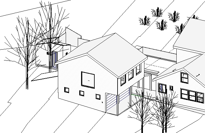 3-d view of the two story garage.  The first floor is a two bay garage and the s