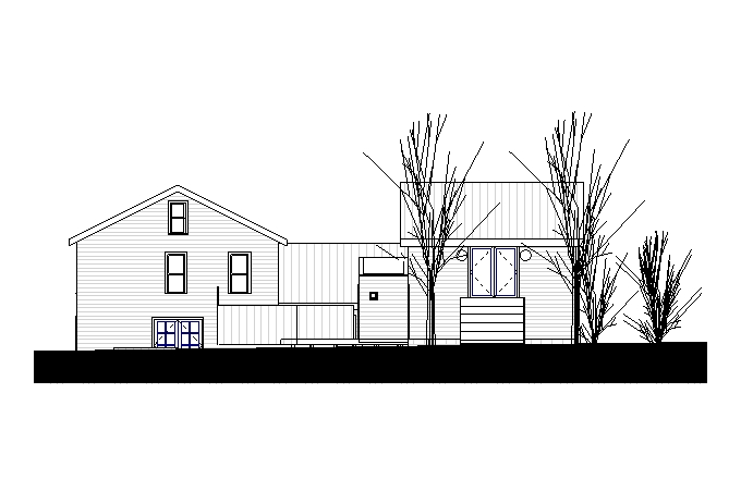 North Elevation of the garage, sauna and house showing the ramp access to the se