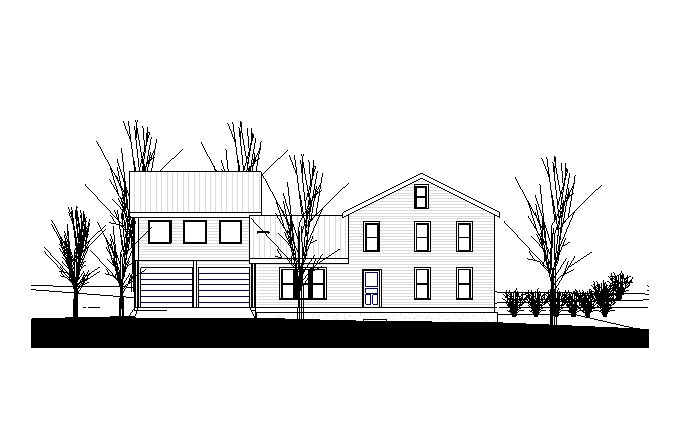 South and main elevation of garage also showing south elevation of house.