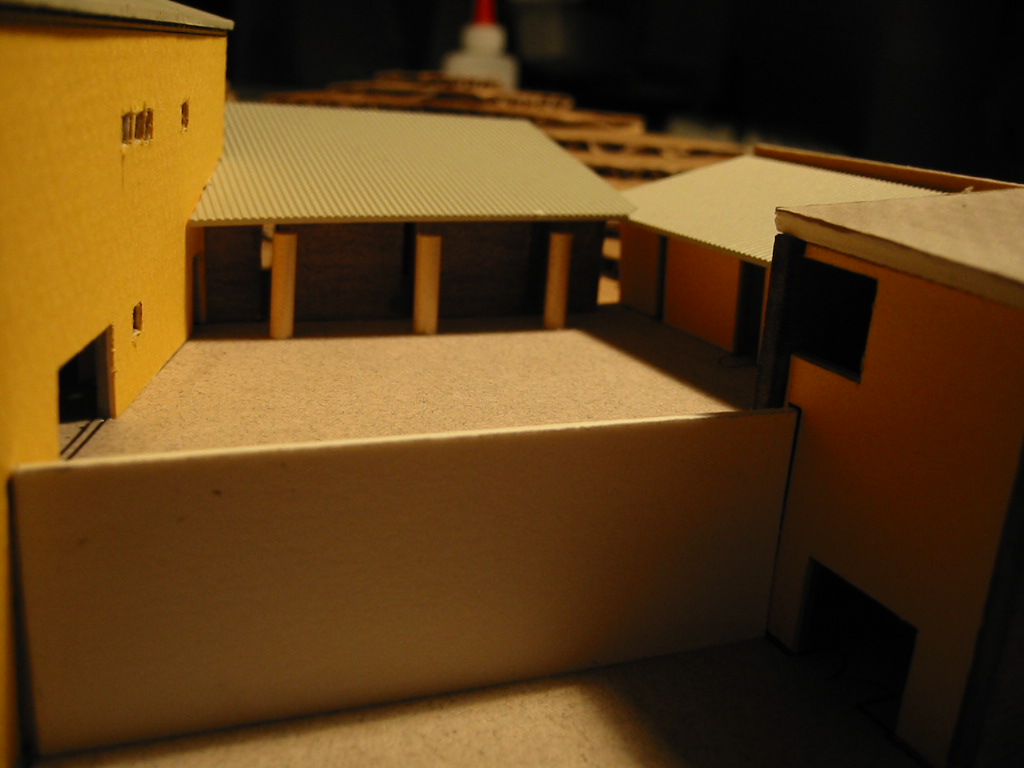 A view into the courtyard of the sixteenth inch model. The colunnade is along th