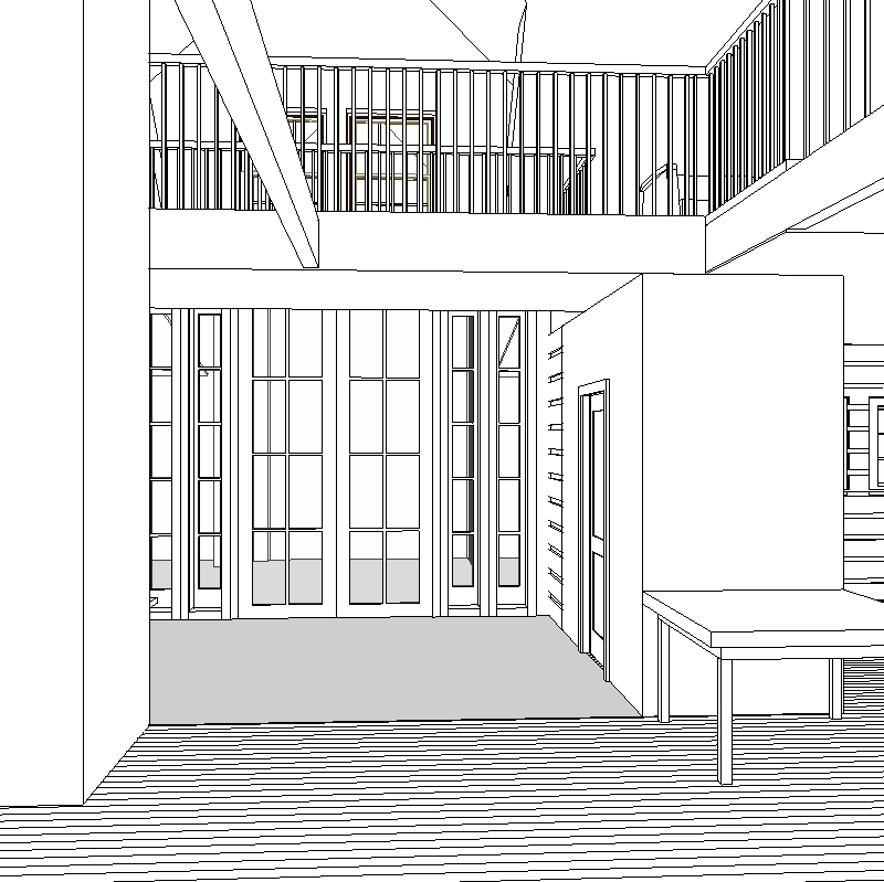 Computer sketch of the view from the Living Room back toward the entrance.