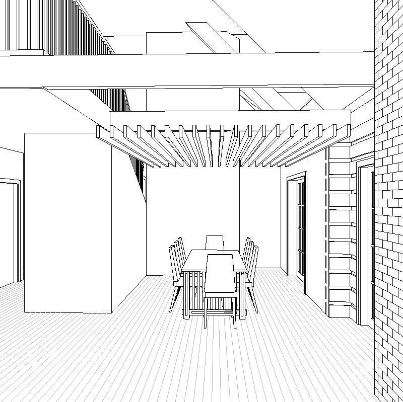 Looking into the Dining Area from the Living Room. The French Doors which open i