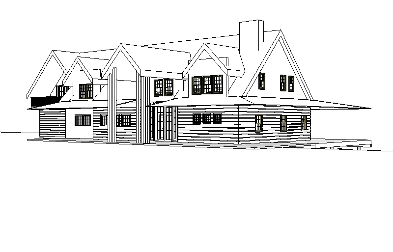 The entry facade of the house from the driveway approach.