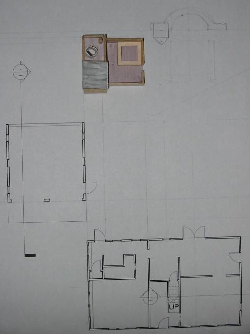 Model of sauna in context of the site plan with house and garage.