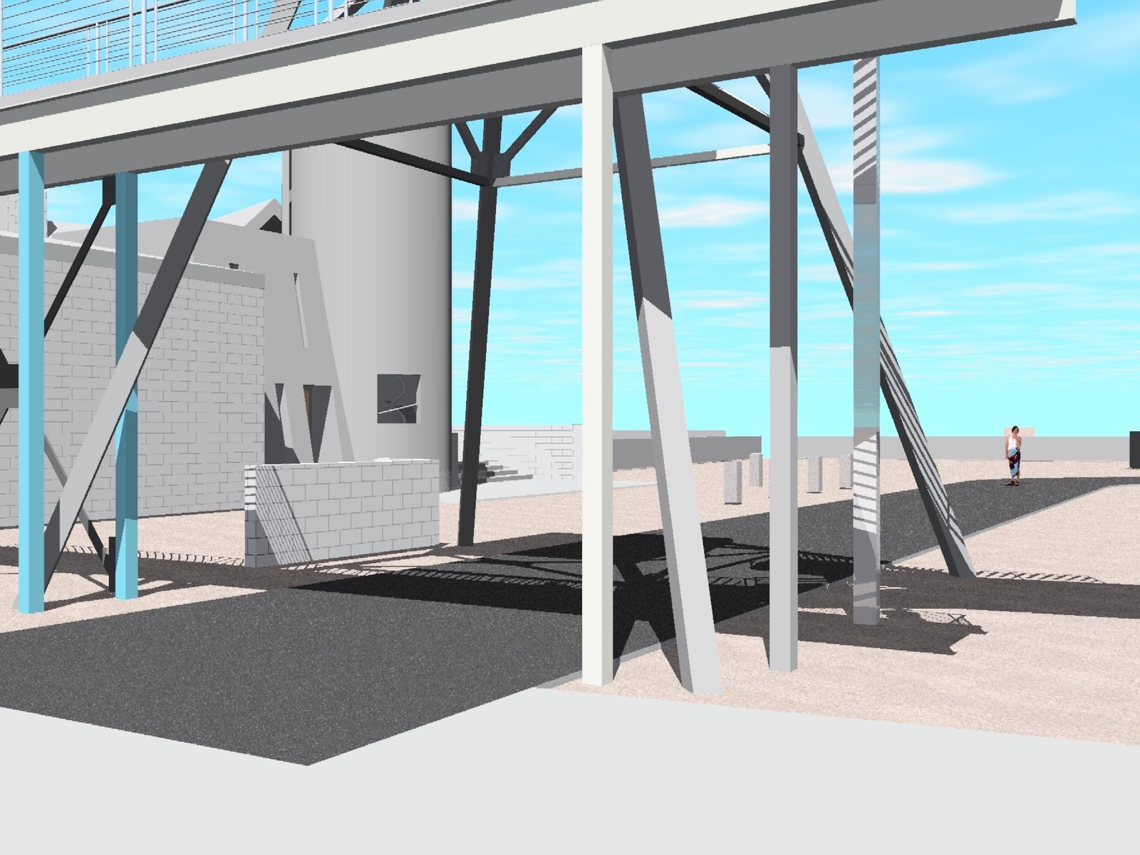 The view under the tower and back along the driveway. This is the more complex c