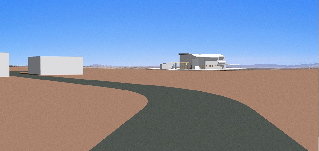 The computer-generated view from the driveway, just leaving the road.