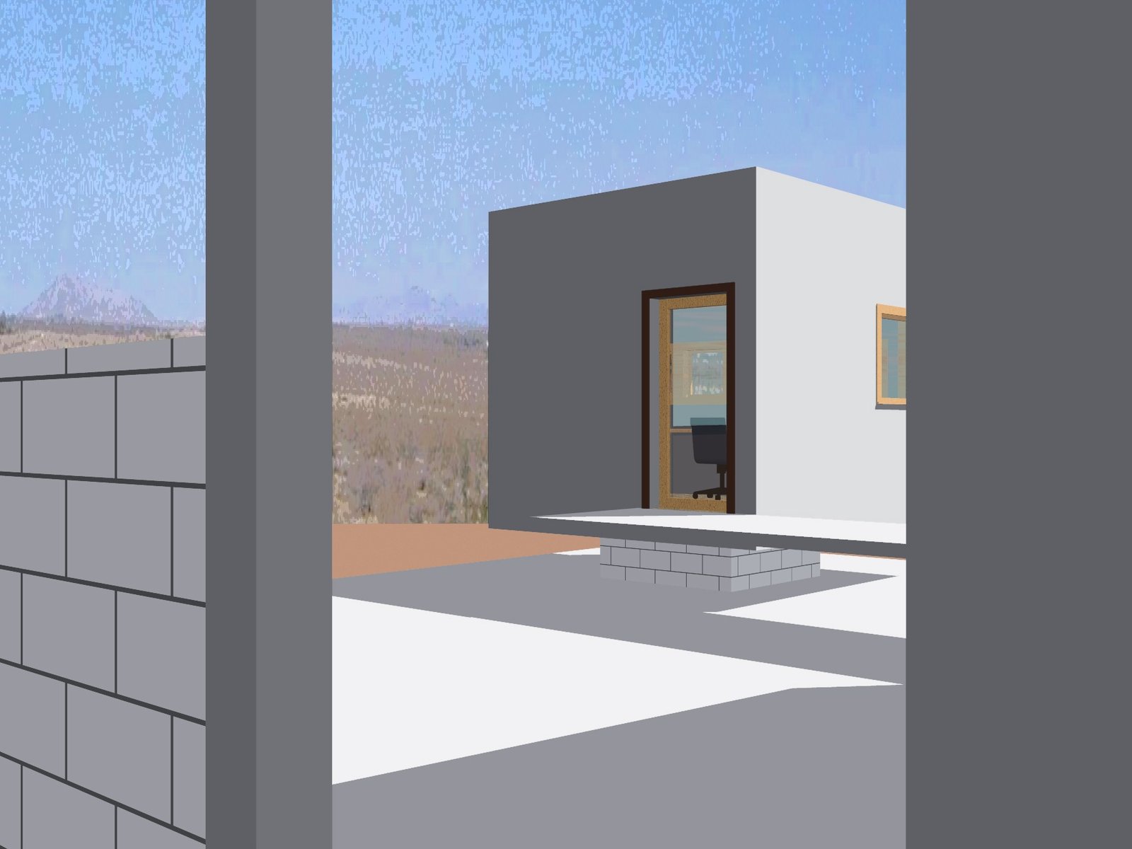 The view from the pool area to the writing cube.