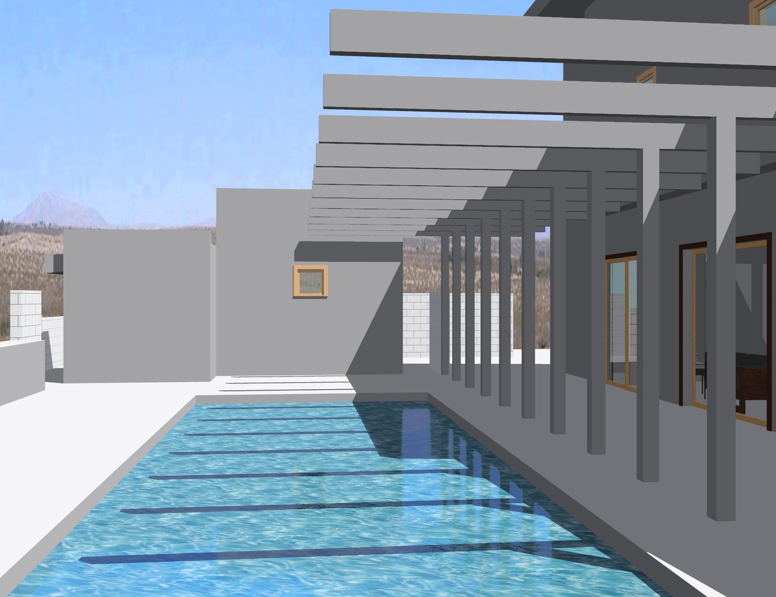 The view down the pool to the pool house. The cantilevered members would hold ca