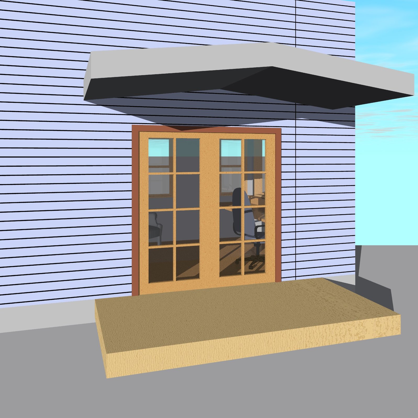 The entry to the space, a protected porch and French door.