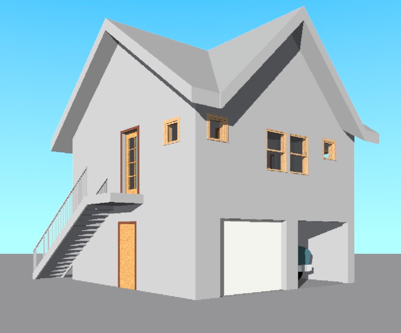 The studio from the south east, showing the garage below and the access stair to