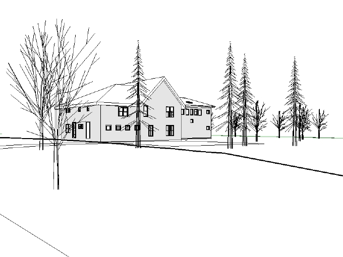 From the driveway off of Route 7 the addition is tucked behind the existing hous