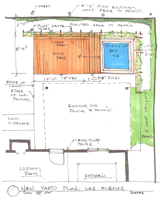 Sketch plan of the back yard with deck, arbor and hot tub.
