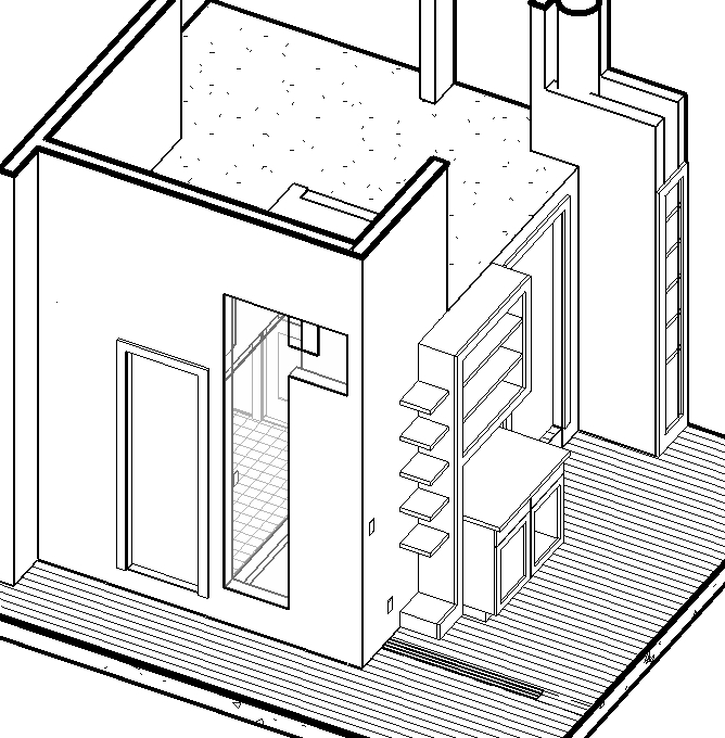 An axonometric drawing of the new Master Bathroom and the new cabinet unit in th