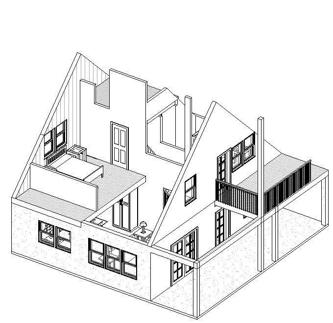 3-d view of the house with the roof removed. The front eight feet of the house a