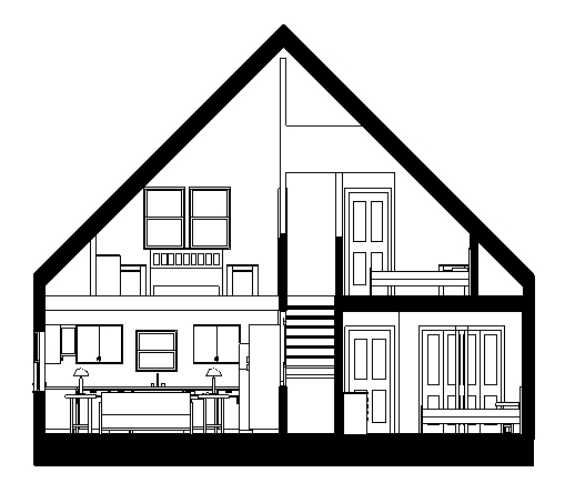 Section through the 2 story living space and upper and lower bedroom and stair.